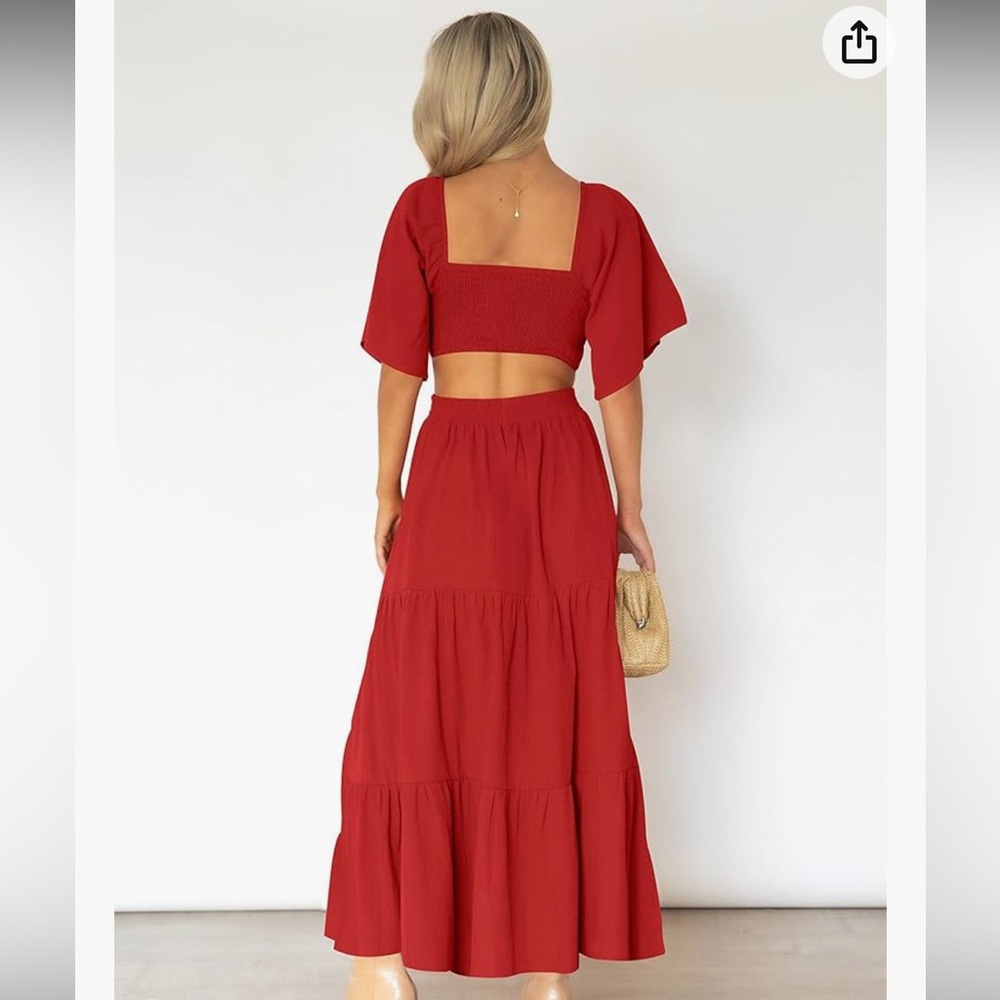 LEANI Red Cutout Maxi Dress Square Neck Short Sleeve Small Casual Party Dresses - Picture 5 of 5